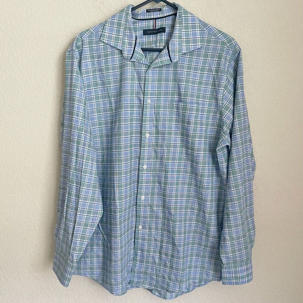 Tommy Hilfiger Mens Shirt L Multicolored Plaid Regular Fit Wrinkle Free Stretch